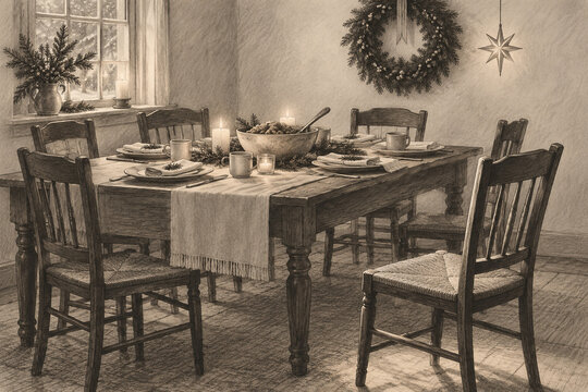 Monochrome Christmas community table and open chair convey dignified