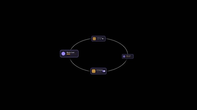 Minimalist digital cards moving and transforming with dark theme UI on transparent background
