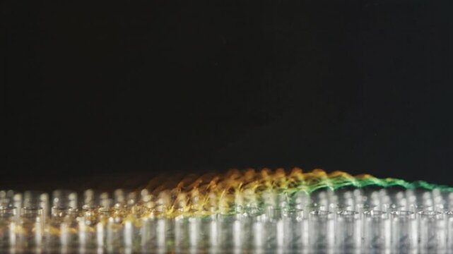 Macro shot of static optical metasurface nano-pillars with subtle light refraction wave, dark minimalist copy space for deep tech physics background.