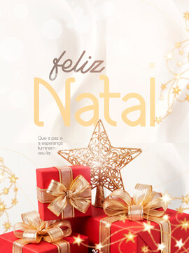 Feliz Natal Estrela e Presentes Vermelhos Post Card Insta Template Banner
