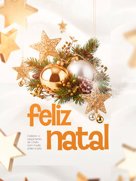 Feliz Natal Estrelas Douradas e Bolas Post Card Insta Template Banner