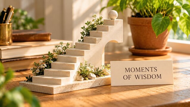 Miniature stone stairs with green plants and a moments of wisdom sign on wooden table step by personal development self improvement career progress