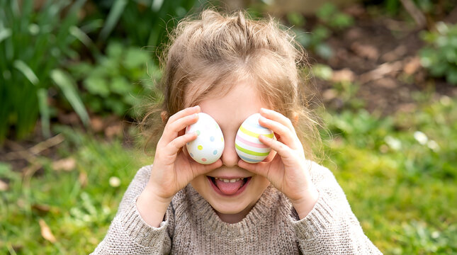 Happy child playing with colorful painted Easter eggs. Girl showing tongue and dyed eggs on garden background. Banner template for Holiday fun and celebration springtime.