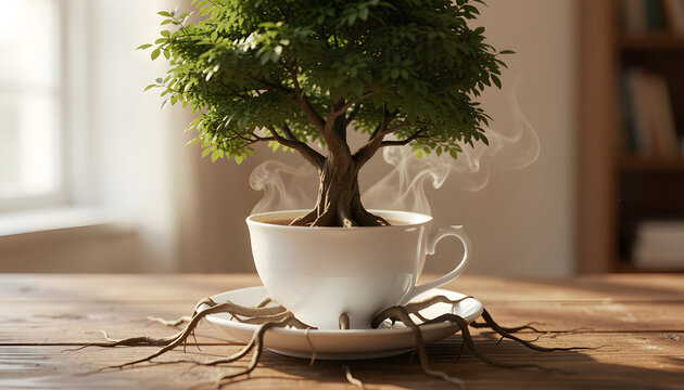Green tree growing out of porcelain teacup on wooden table