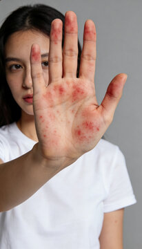 Young woman holding out open palm with red rash, eczema and irritated skin on hand. Close-up of hand dermatitis against plain background. Skin allergy, inflammation and itchiness.