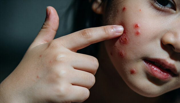 Close-up of fingertip pressing acne blemish on face. Skincare and acne treatment concept. Dermatology, facial care and skin health. Pimple picking, acne care and skin concern