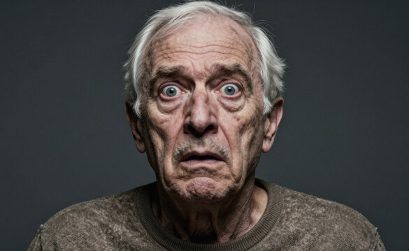 Shocked senior man staring wide-eyed at camera on dark background. Close-up portrait of elderly face in disbelief. Surprise, fear and shock concept. Human emotions and reactions.