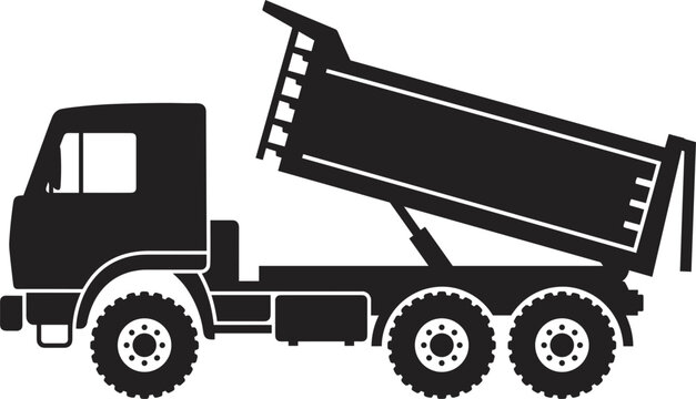 Heavy duty industrial dump truck silhouette featuring raised cargo tipper bed for aggregate gravel excavation mining transportation vector