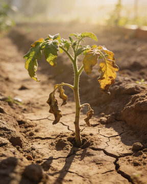 Drought-stressed wilted tomato seedlings yellow leaves suffering in parched, cracked soil under harsh sunlight in a garden bed.
