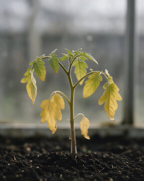 Healthy soil with wilted tomato seedlings yellow leaves drooping due to disease, root rot, and chlorosis in an organic greenhouse.