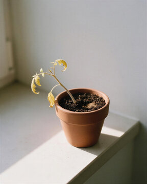 A fragile pot of wilted tomato seedlings yellow leaves bending toward light on a windowsill, showing lack of nutrients and sunlight.