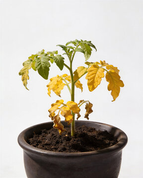 Potted wilted tomato seedlings yellow leaves isolated on white background exhibiting severe chlorosis and nitrogen deficiency symptoms.