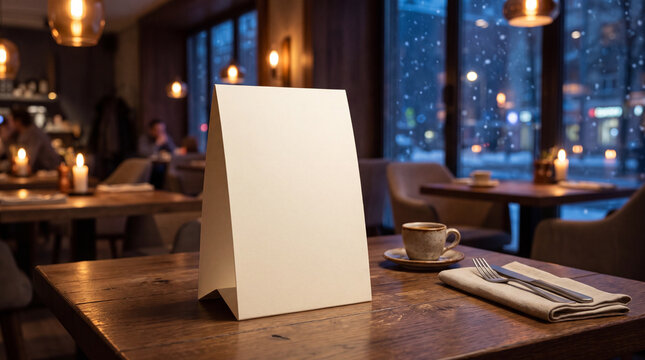 Blank tent card menu mockup on wooden restaurant table with coffee cup on snowy winter evening with copy space