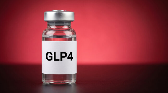 Glass vial with GLP4 label, representing medical research, pharmaceutical development, or treatment options, on a dark surface against a red gradient background