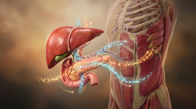 Detailed 3D render of human digestive organs and musculature, showing circulatory flow and nutrient pathways, symbolizing bodily function and health.