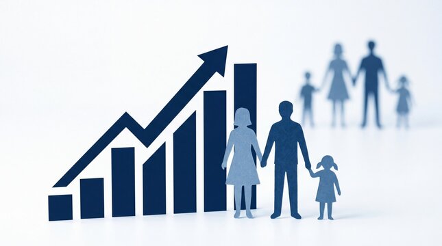 Paper family silhouettes standing next to a rising bar chart graph on transparent background