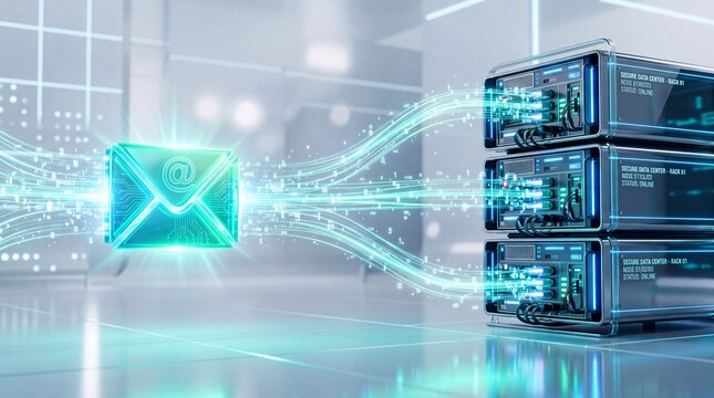 Digital email icon transmitting data streams into a stack of high performance server units with equipment through streams connects rack server