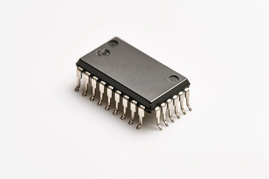 Microcontroller chip with silver pins against white background.