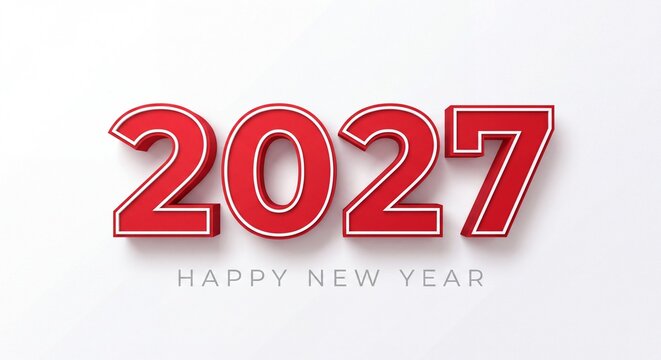 Three dimensional red number 2027 text on a plain white background for new year celebration with numeric representation year centered minimalist white