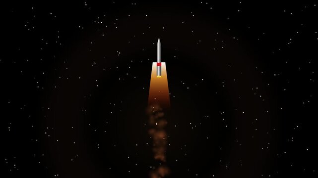 Rocket launch in deep space, vector illustration of a spacecraft flying upward through a dark starry sky with bright fiery exhaust trails