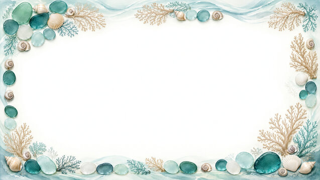 Beach themed border with seashells and sea glass for summer vacation announcements.