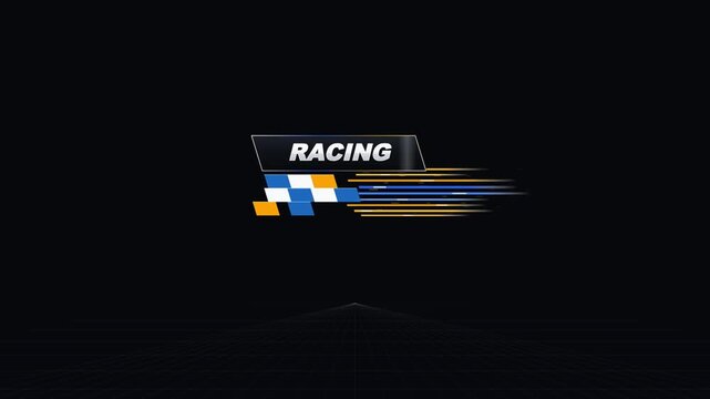 A stylized racing logo featuring the word racing in bold white letters above a checkered pattern with orange and blue motion lines on black background