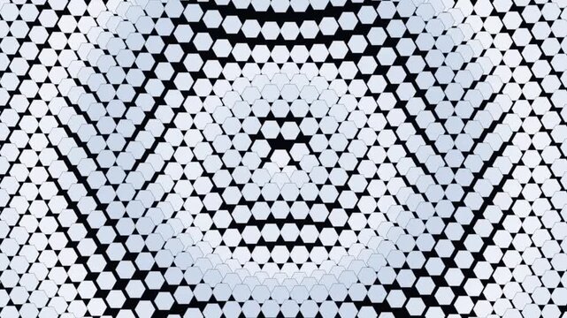 Abstract modern background with hexagonal grid pattern in white and black tones, creating geometric motion distortion effect