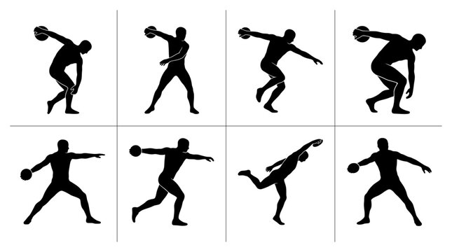 Discus thrower silhouettes set with athletes in action poses for sports and fitness