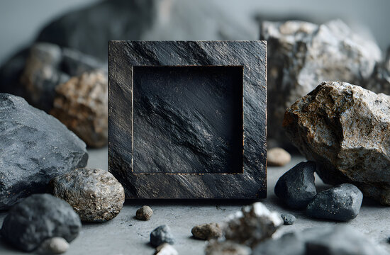 Textured black square surrounded by floating dark rocks against light gray background. Minimalist scene setup with abstract stone shapes, dark objects, creating modern, clean aesthetic for product