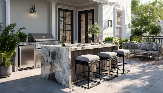 Modern outdoor kitchen features sleek marble island with stainless steel appliances, including grill, refrigerator. Three black metal bar stools with grey cushions offer seating around island,
