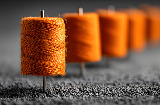 Orange thread, pins and flag on gray surface. Concept of achieving goals, stages of planning, business strategy, corporate success. Creative visual for marketing, business presentation.