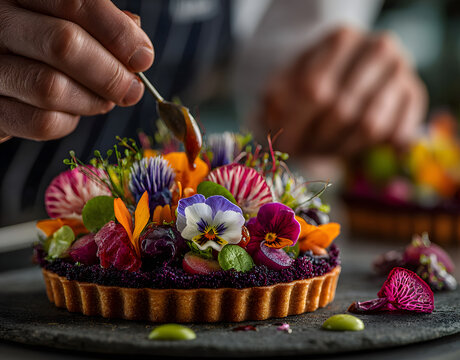 Male chef meticulously garnishes gourmet tart with fresh edible flowers, microgreens in modern kitchen. Chef hands add final touches of sauce to vibrant culinary masterpiece. Focus on detail,
