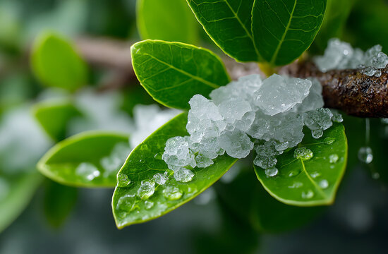 White translucent crystals of camphor arranged with green leaves, suggesting natural aromatherapy benefits. Close-up macro shot highlights ingredient purity, organic nature, suitable for spa,