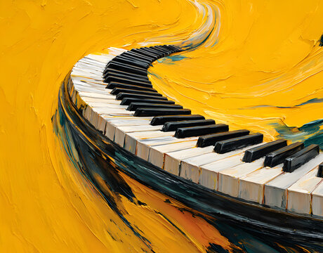 Piano keyboard twists, turns in dynamic wave against vibrant yellow backdrop. This artistic, modern design features black, white keys, creating visually striking representation of music, creativity.