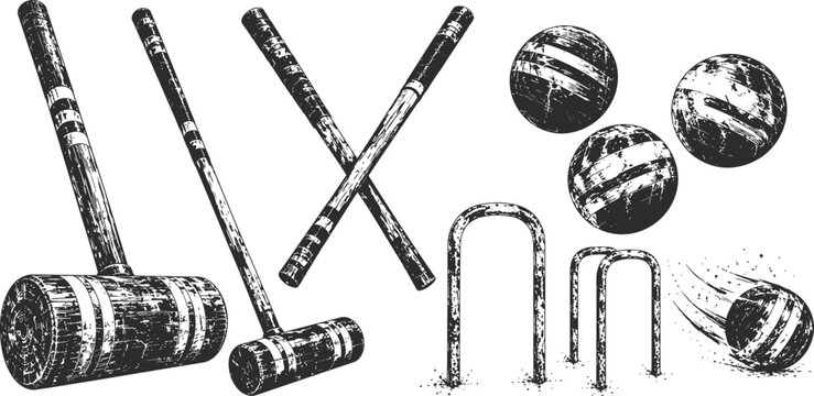 vintage croquet set with mallets, balls, wickets, and hoop in black and white