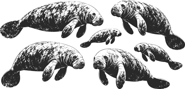 Manatees swimming in the sea group of gentle aquatic mammals floating underwater marine life and ocean wildlife illustration