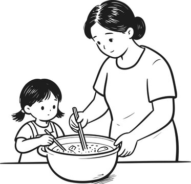 Mother and daughter cooking together stirring batter in a bowl, family bonding activity at home