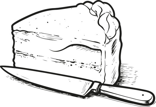 Slice of cake with frosting and knife dessert portion with creamy topping and cutting utensil