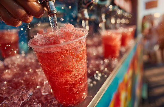 Red slushy drink poured from a colorful machine into a clear plastic cup. Hands pull lever on dispenser creating icy, juicy summer refreshment. Carnival beverage.