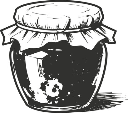 Vintage jar of jam with fabric cover, hand drawn black and white sketch of preserved fruit spread