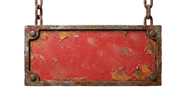 Rusty metal sign with peeling red paint hanging from chains isolated on transparent background