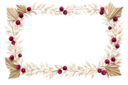 Boho dried floral frame with bleached palm leaves, ivory botanical foliage and magenta globe amaranth flowers, rectangular natural border for wedding invitations and rustic designs
