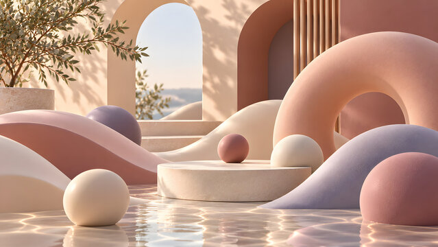 Abstract 3D geometric background with podium, pastel lehm architecture, serene arches, spheres and water reflections