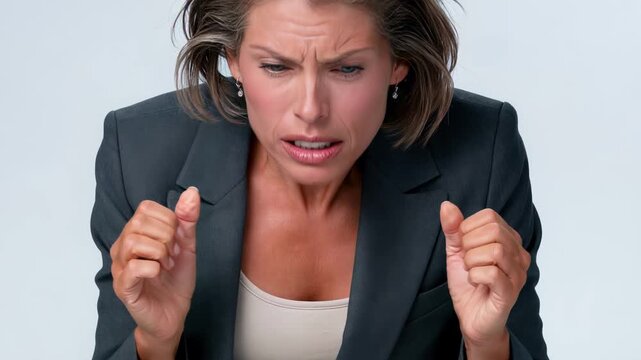 Businesswoman screaming and pulling hair in intense frustration during corporate crisis. Studio portrait illustrating mental burnout and workplace panic. Close-up shot with dynamic movement.