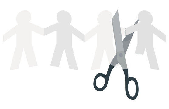 Vector illustration of scissors cutting an amputee from a paper chain of men, symbolizing disability discrimination, exclusion, and layoffs (cut out)