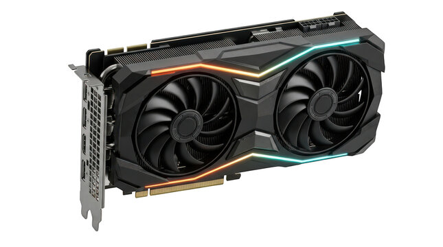 Highperformance graphics card with dual fans and customizable rgb lighting for gaming and rendering isolated on transparent background