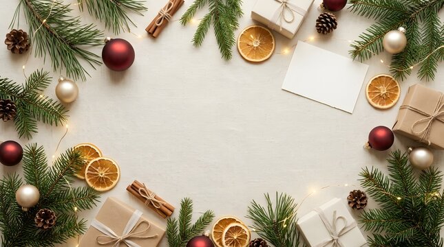 Christmas flat lay with pine branches, oranges, cinnamon sticks, gifts, baubles on light background