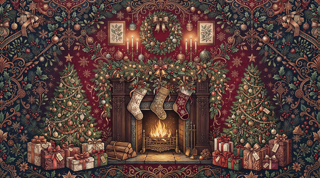 cozy victorian christmas fireplace scene with glowing hearth and festive decorations for holiday celebration.