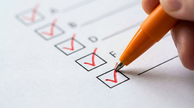 Close up of person hand checking a box on questionnaire form with orange pen