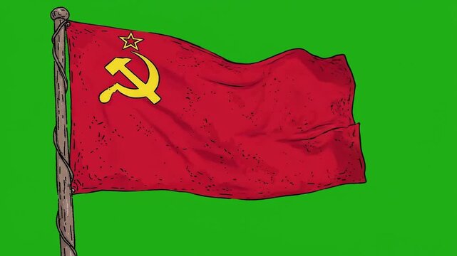 Hand drawn animation of a communist flag waving on green screen